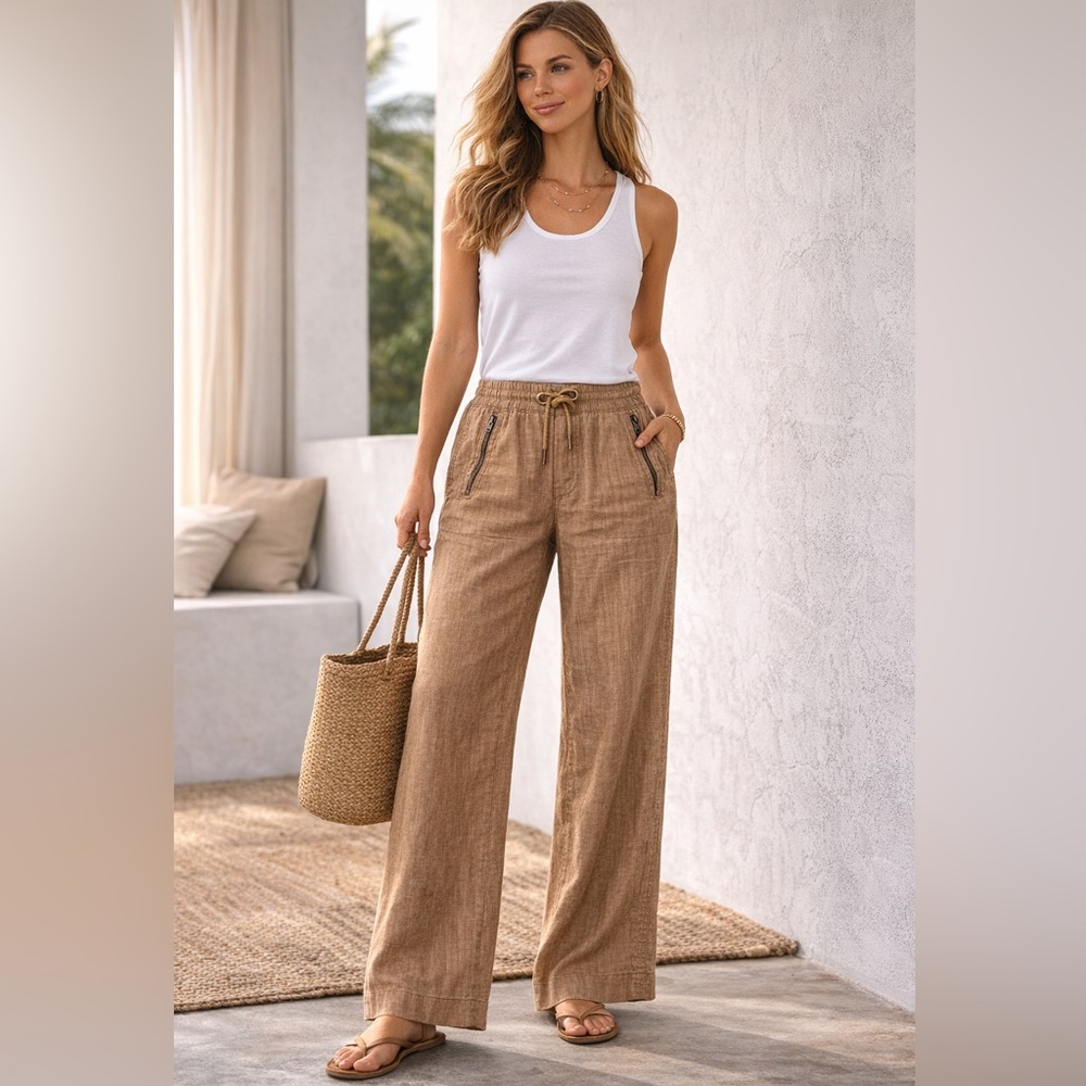 Athleta Cabo Linen Wide Leg Pants | 100% Linen Resort Coastal butter mom